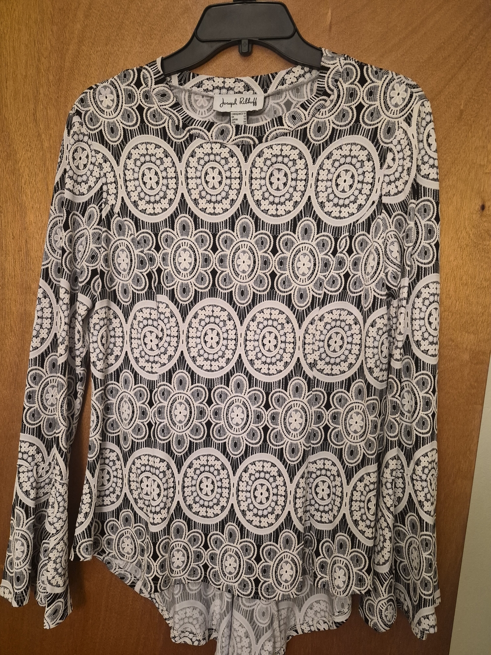 Joseph Ribkoff Black and White Circular Lace-Pattern Long Sleeve Top